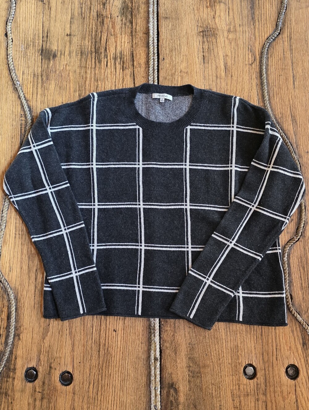 Madewell Alpaca Wool Heather Gray Black White Checkerboard Sweater Women Medium